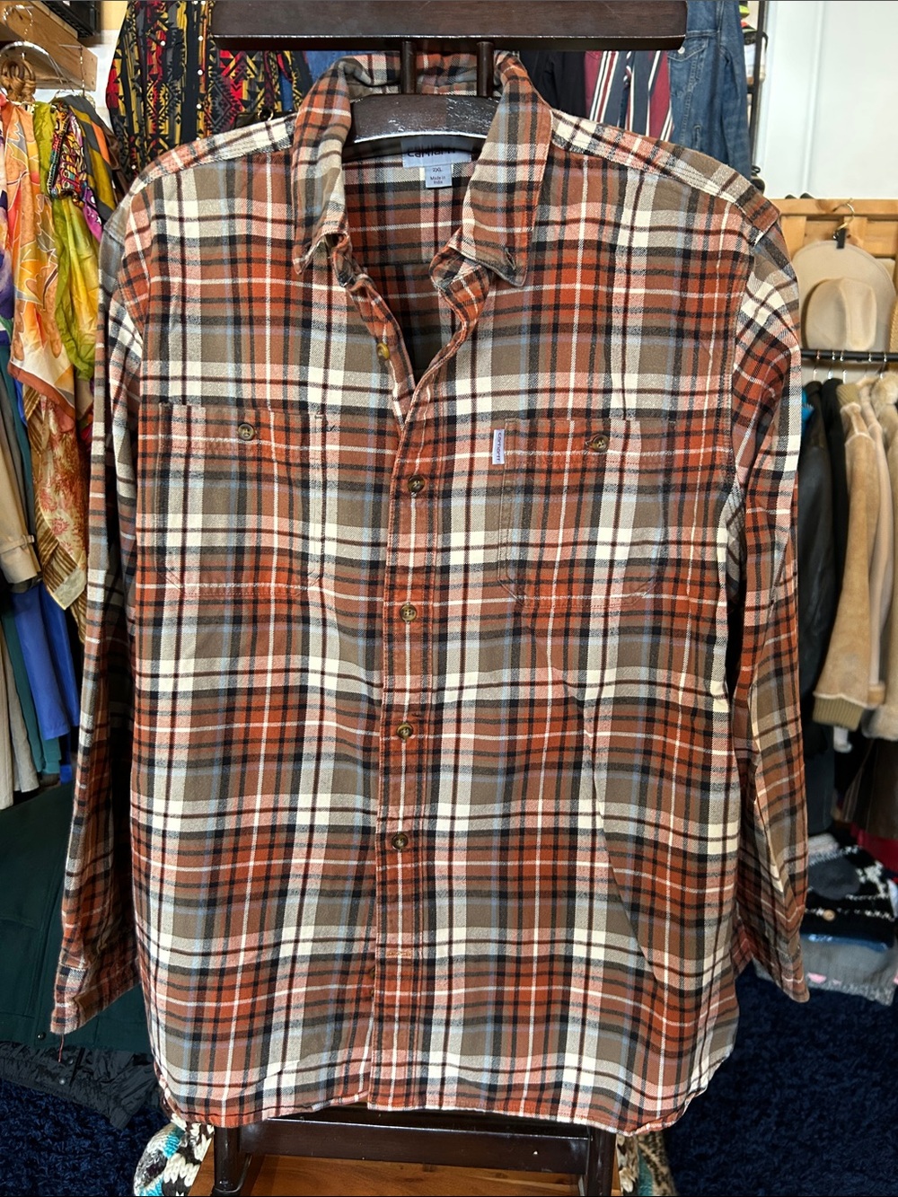 Carhartt Men's Plaid Button-Down Shirt in Brown, Orange, Cream